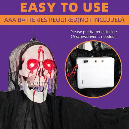 Halloween Decorations Outdoor and Indoor,67" Scary Hanging Ghosts,Halloween Grim Reaper Skeleton with Light-Up Eyes and Creepy Sound,Party Decorations for Yard,Haunted House Decor