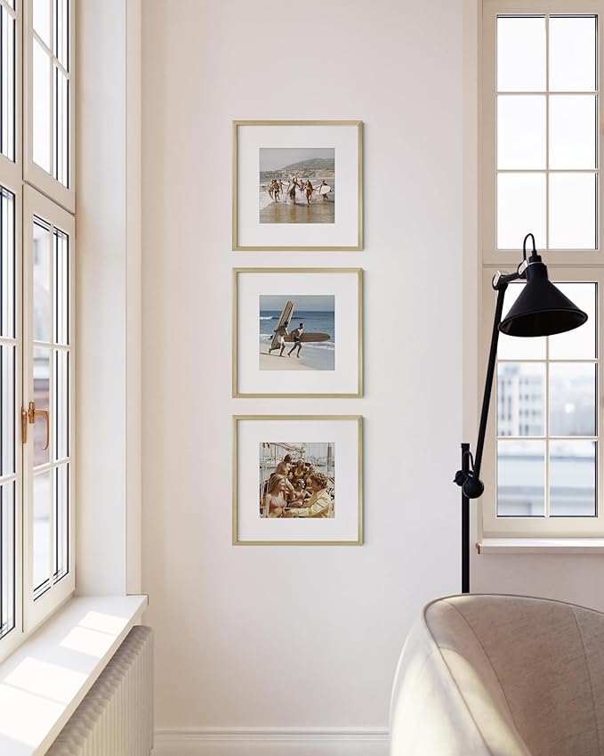 HAUS AND HUES 12x12 Gold Metal Picture Frames Matted to 8x8 - Features Premium Aluminum & Hanging Hardware, Shatterproof Plexiglass - Ideal for Home, Room, Office (12x12 in, Gold, Set of 3)