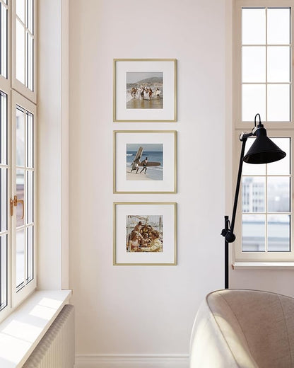 HAUS AND HUES 12x12 Gold Metal Picture Frames Matted to 8x8 - Features Premium Aluminum & Hanging Hardware, Shatterproof Plexiglass - Ideal for Home, Room, Office (12x12 in, Gold, Set of 3)