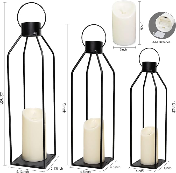 HPC Decor 22'' 19'' 16'' Lanterns Decorative w/Flickering Timer Candles- Tall Large Black Metal Candle Lanterns Set of 3- Modern Farmhouse Decor for Indoor,Outdoor,Tabletop,Porch (No Glass)