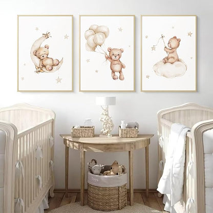 Bear Nursery Wall Art Decor Set of 3 Teddy Bear Canvas Wall Art Baby Boy Nursery Decor Prints Neutral Pictures Moon Star Cloud Print for Girls Children Room 16x24 Inch FRAMED