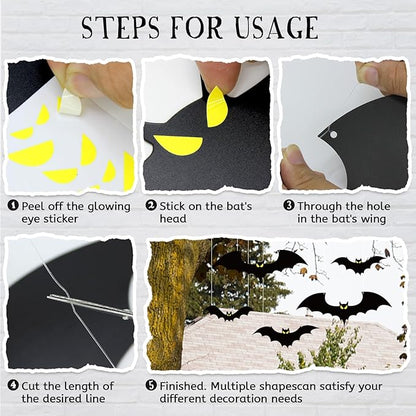 18 PCS Hanging Bats Halloween Decoration Outdoor Black Plastic Bats with Glowing Eyes Different Size Flying Bats Halloween Decor Hanging in The Tree, Porch, Yard, Lawn, Indoor