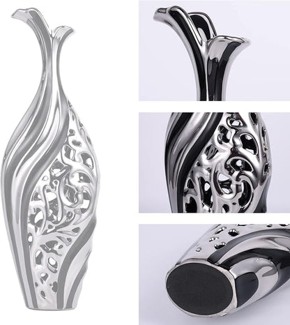 19 inch Tall Floor vase, Black and Silver Ceramic vase, Pottery Decorative vase, Unique Pampas Grass vase Suitable for Living Room Floor, Home Office, Porch Home Centerpiece Decorative Large vase