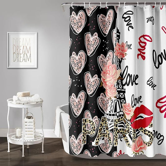 AILONEN Heart Love Shower Curtain for Bathroom, Black and White Eiffel Tower Print Bath Curtain,Pink Hearts Girls Women Shower Curtain Decoration Waterproof with 12 Plastic Hooks, 72" W*84" H