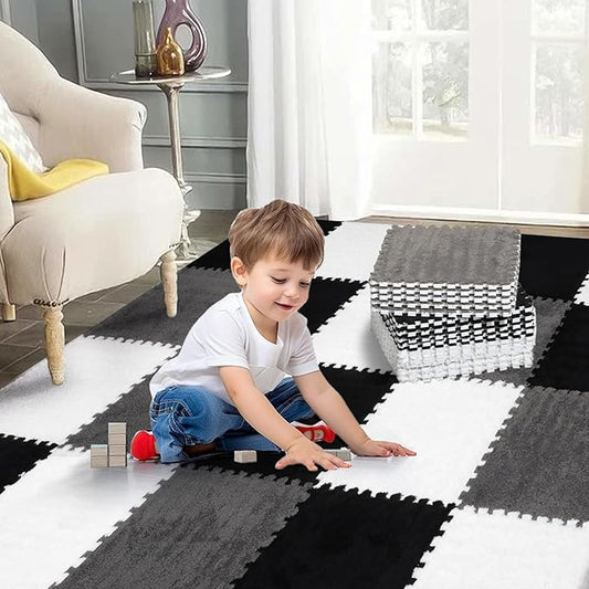 12 Pcs Plush Interlocking Carpet Tiles，Non-Toxic Foam Carpet Tiles for Toddler Baby，Machine-Washable，Anti-Slip，EVA Foam Interlocking Tiles for Floor, Nursery, Playroom，Grey White Black