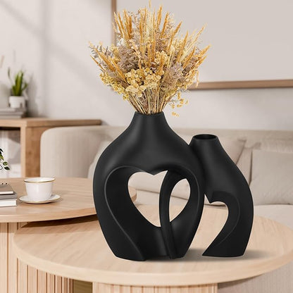 Black Vases for Decor, Heart Shaped Ceramic Vase Set of 2, Nordic Modern Boho ins Style Decorative Ceramic Aesthetic Flower Vase for Home Decor, Living Room Office House Decoration