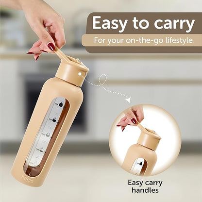 24oz Glass Motivational Water Bottle with Flip Lid Straw, Silicone Protective Sleeve, Handle, Reusable BPA Free (Black)