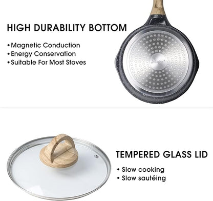 JEETEE Pots Nonstick, 1.5 Quart & 2.5 Quart Induction Granite Coating Saucepan Sets with Glass Lid & Pour Spout, PFOA Free (Grey, 4pcs Pots Set)