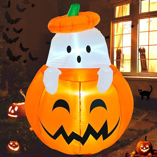 Buheco Inflatable Pumpkin Ghost Halloween Decorations Outdoor Blow Up 4ft Giant Cute Scary Yard Decor Inflatables Built in Led Lights for Indoor Outside Lawn Garden Holiday Fall Family Party Props