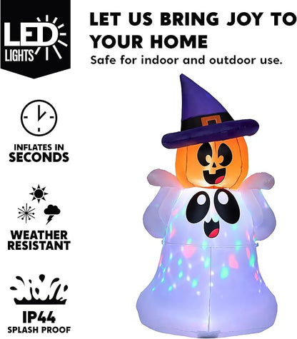 Joiedomi 5 FT Tall Halloween Inflatable Outdoor Decor, Blow Up Yard Decoration Ghost with Colorful LEDs, Inflatable Ghost with Pumpkin Witch Hat for Halloween Outdoor Decoration
