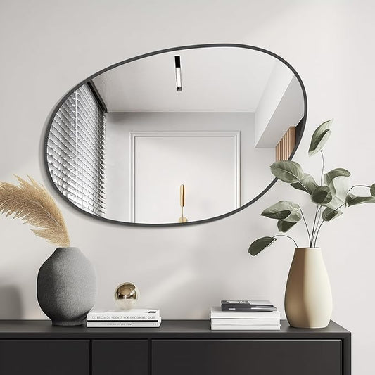 WallBeyond 19" H x 28" W Asymmetrical Decor Irregular Accent Wall Mirror for Entryway, Hallway, etc || Shape: Abstract & Unique Cobblestone, Vertical, Black