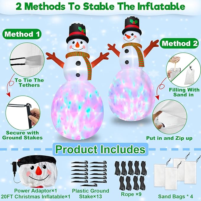 20FT Giant Christmas Inflatable Snowman with Colorful 3D Rotating Lights, Outdoor Blow Up Christmas Decorations, Huge Snowman Inflatables for Yard Lawn Holiday Xmas Party Decor