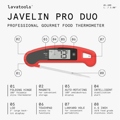 PX1D Javelin PRO Duo Ultra Fast Professional Digital Instant Read Meat Thermometer for Grill and Cooking, 4.5" Probe, Auto-Rotating Backlit Display, Splash Resistant – Tangerine