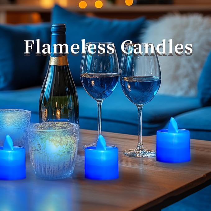 LANKER 24 Pack Flameless Led Tea Lights Candles, Flickering Blue Battery Operated Electronic Fake Candles, Decorations for Wedding, Party, Christmas, Halloween and Festival Celebration (Blue)