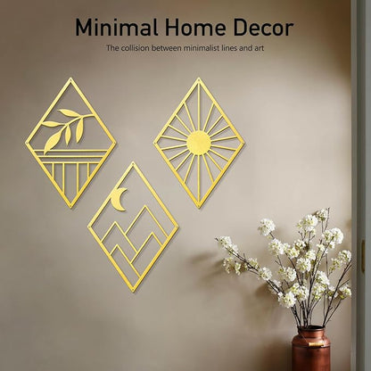 Sokurdeg Gold Metal Wall Art, Boho Minimalist Geometry, Bohemian Abstract Line Metal Art for Bedroom Bathroom Living Room (3 Pack, 12 x 17 in)