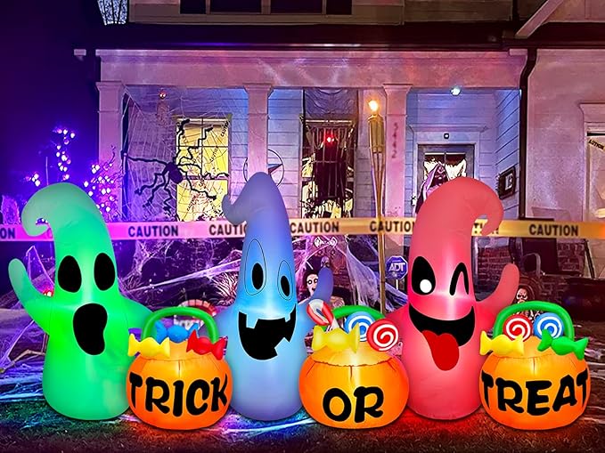 [ 3 Colors Changing Light ] TURNMEON 8 Ft Long Halloween Inflatables Three Ghosts with Pumpkin Candy Bags Halloween Decorations Outdoor Build-in LED Light Blow Up Halloween Decor Yard Party Garden