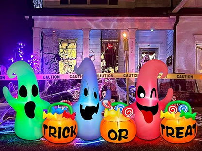 [ 3 Colors Changing Light ] TURNMEON 8 Ft Long Halloween Inflatables Three Ghosts with Pumpkin Candy Bags Halloween Decorations Outdoor Build-in LED Light Blow Up Halloween Decor Yard Party Garden