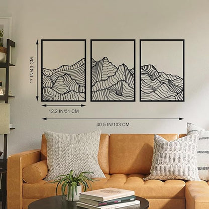 ruelen Wall Decor 3 Pcs Mountain Metal Wall Art, Mountain Line Abstract Minimalist Wall Art Rustic Nature Wall Decor Hanging Sculpture for Home Bedroom Bathroom Living Room (Black)