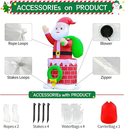 DomKom Christmas Inflatables Outdoor Decoration, 6 FT Chimney Santa Claus with Gift Bag Blow up Build-in Led Light Party Lawn Holiday Winter Outside Decor