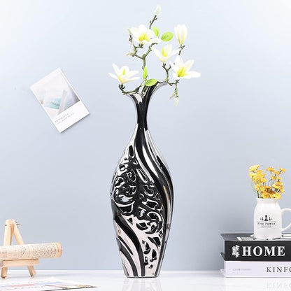 19 inch Tall Floor vase, Black and Silver Ceramic vase, Pottery Decorative vase, Unique Pampas Grass vase Suitable for Living Room Floor, Home Office, Porch Home Centerpiece Decorative Large vase