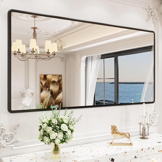 New Upgrade 60X30 Inch Wall Mounted Bathroom Mirror, Black Metal Frame Rounded Rectangle Mirror, Bathroom Vanity Mirror with Tempered Glass for Washroom Bedroom Living Room