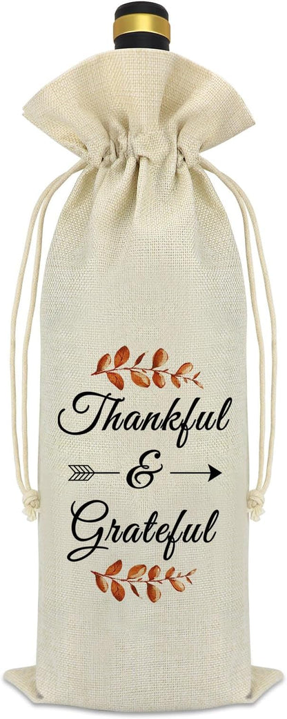 Thankful Grateful Wine Bag Thanksgiving Fall Theme Gift Thank You Gift for Friends Coworker Dad Mom Grandparents Autumn Holiday Halloween Christmas Birthday Gift for Women Men Reusable Wine Bottle Bag