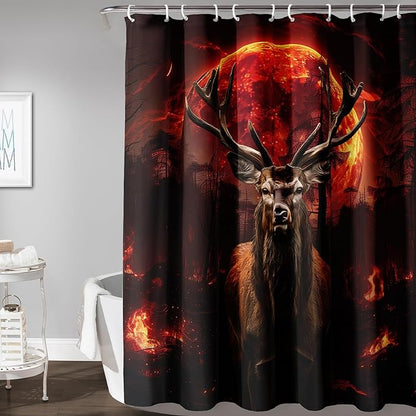 AILONEN Deer Hunting Shower Curtain for Boys,Moon Flame Fire Elk Bath Curtain for Bathroom,Print Polyester Waterproof with 12 Plastic Hooks 36" W*72" H