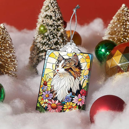 Cat in Flowers Stained Glass Ornament, 2025 Christmas Tree Hanging Decoration for Gift Exchange or Stocking Stuffer, Holiday Decor, 3.8 x 2.4 Inch
