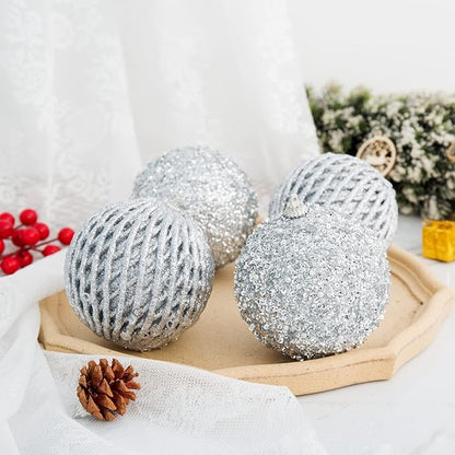 6pcs 3.94" Christmas Ball Ornaments Glitter Shatterproof Christmas Tree Ornaments Sequin Xmas Hanging Balls Decorations for Wedding Party Holiday(Silver, 6pc-10cm)