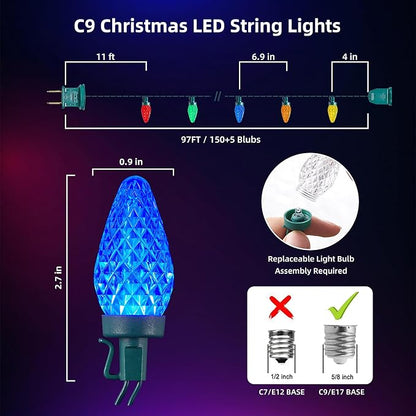 2-Set C9 LED Christmas Lights Outdoor, 97ft 150 LED Waterproof Decorative Light Strand, Extendable Green Wire String Lights for House, Roof, Christmas Tree, Patio, Party Decoration, Multicolor