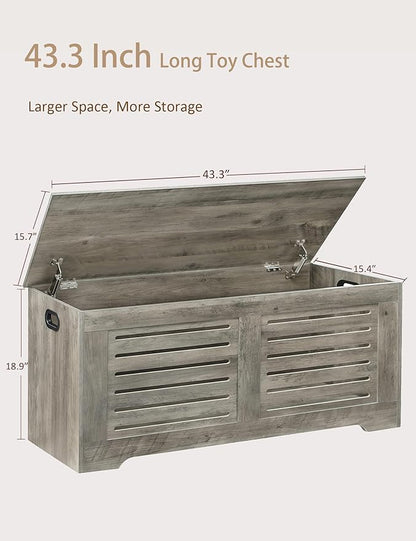 DINZI LVJ Storage Chest, 43.3” Wooden Toy Box with 2 Safety Hinges, Retro Entryway Shoe Storage Bench with Flip-Top, Sturdy Large Storage Trunk for Living Room, Bedroom, Easy Assembly, Gray Wash