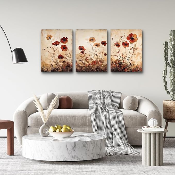 DZRWUBHS Boho Wall Decor For Living Room Canvas Wall Art For Bedroom Office Decorations Bathroom Wall Pictures Flowers Watercolour Paintings Modern Aesthetic Home Decor Artwork 3 Piece Ready To Hang