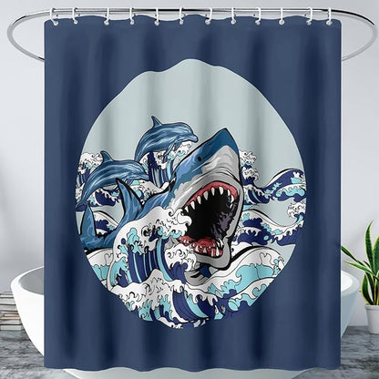 AILONEN Cartoon Shark Shower Curtain for Kids Boys Girls,Blue Ocean Wave with Shark Waterproof Fabric Shower Curtain for Bathroom,Blue Jumping Dolphin Theme Shower Curtain Set with Hooks,48" W*72" H