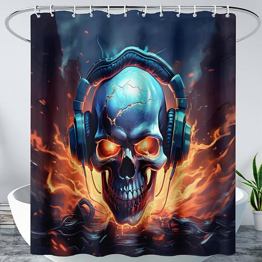 AILONEN Headset Skull Shower Curtain,Hip Hop Skeleton Fire Skull Bath Curtain,Cool Skull Decoration Bathroom Curtain with 12 Plastic Hooks,Waterproof 48" W*72" H