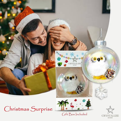 White Owl Christmas Ornament - Handmade Shatterproof Decorations for Indoor Outdoor Xmas Tree - Clear Ball Ornaments with Magnetic Crystal - Great Gift or Stocking Stuffer for Mom, Sister, Friend