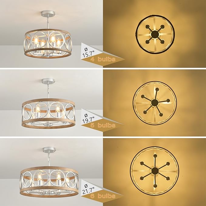 Semi Flush Mount Ceiling Light Fixture,Rustic Vintage 5-Light Chandelier Lighting19.7 (Silver),Wood Grain with Round Metal Shade for Dining Room Hallway Entryway Bedroom Living Room