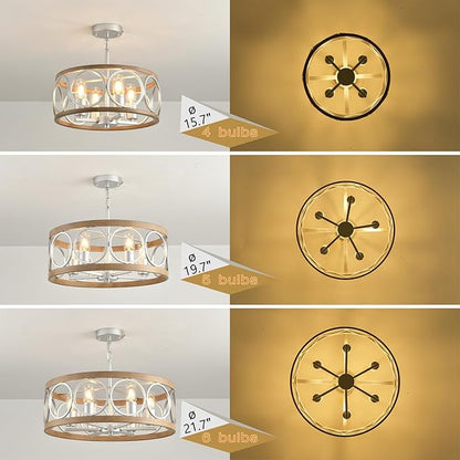 Semi Flush Mount Ceiling Light Fixture,Rustic Vintage 5-Light Chandelier Lighting19.7 (Silver),Wood Grain with Round Metal Shade for Dining Room Hallway Entryway Bedroom Living Room