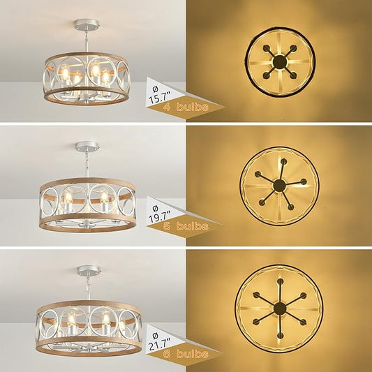 Semi Flush Mount Ceiling Light Fixture,Rustic Vintage 5-Light Chandelier Lighting19.7 (Silver),Wood Grain with Round Metal Shade for Dining Room Hallway Entryway Bedroom Living Room