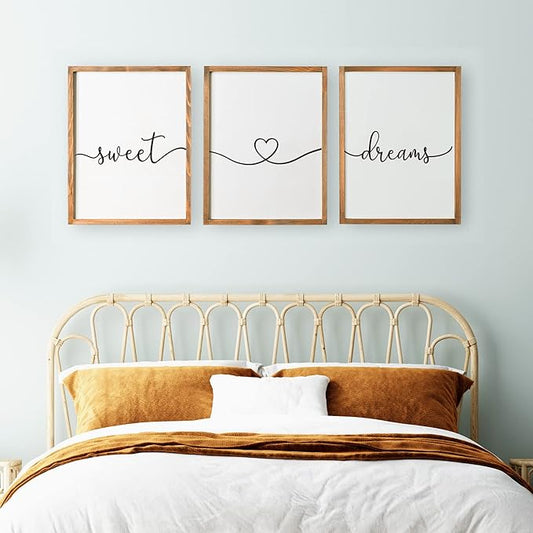 Set of 3 Framed Farmhouse Sweet Dreams Sign 11x14” Above Bed Wall Decor for Bedroom Decor Wall Art Wood Signs (11"x14", Brown)