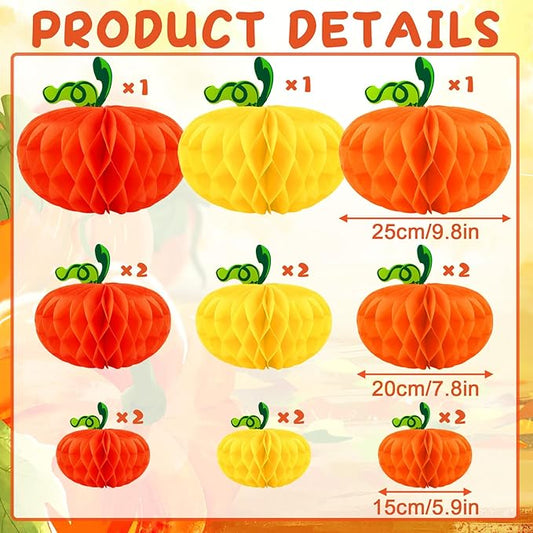 15PCS Pumpkin Honeycomb Decorations, Orange Red Yellow Honeycomb Fall Hanging Ornaments for Autumn Thanksgiving Party Favor Supplies