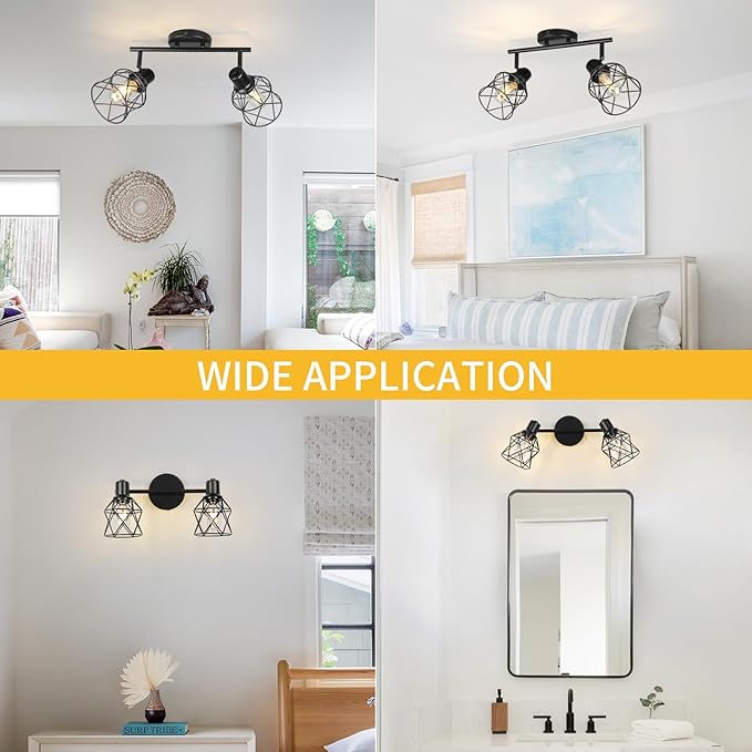 WILON Industrial Track Lighting Fixtures Ceiling, 2 Light Kitchen Ceiling Light Rotatable Spotlight Fixtrues E26 Base Wall Light Fixture, Black Flush Mount Light for Kitchen Hallway Entryway