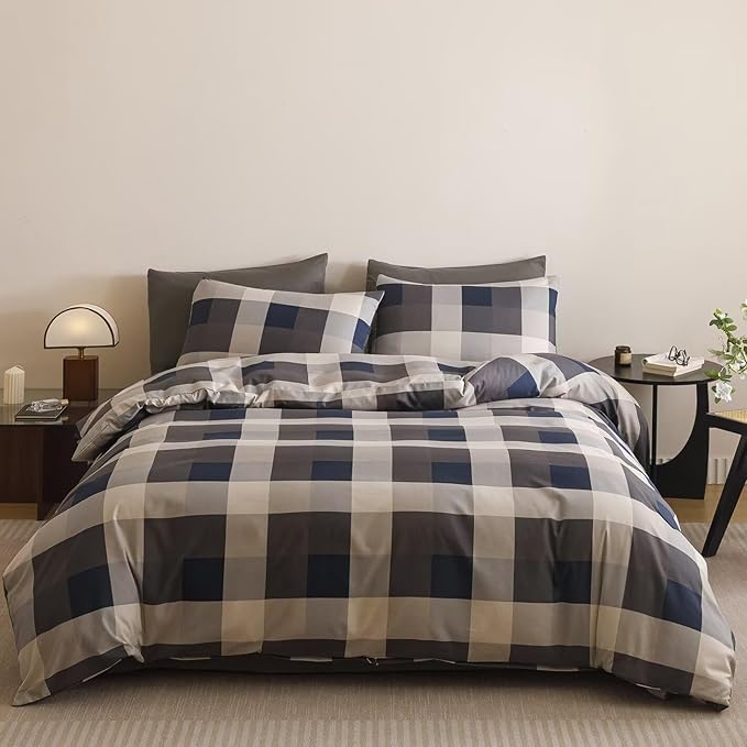 Cottonight Checkered Navy Comforter Set King Men Gingham Grid Bedding Set Navy and Khaki Grid Comforter Fluffy Soft Blanket Quilts Modern Cottagecore Comforter with 2 Pillowcases for King Bed