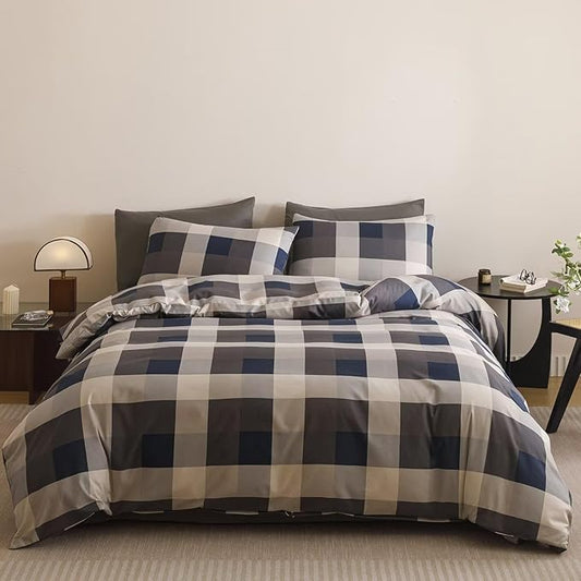Cottonight Checkered Navy Comforter Set King Men Gingham Grid Bedding Set Navy and Khaki Grid Comforter Fluffy Soft Blanket Quilts Modern Cottagecore Comforter with 2 Pillowcases for King Bed