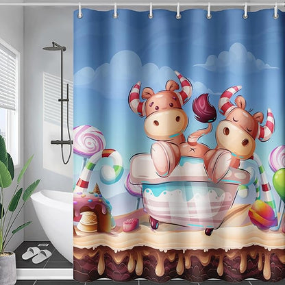 AILONEN Cute Cow Kids Shower Curtain 72" W*84" H Cartoon Candy Printed Shower Curtain Boys Girls Children Bathroom Curtain Decor Polyester Waterproof Curtain with 12 Hooks