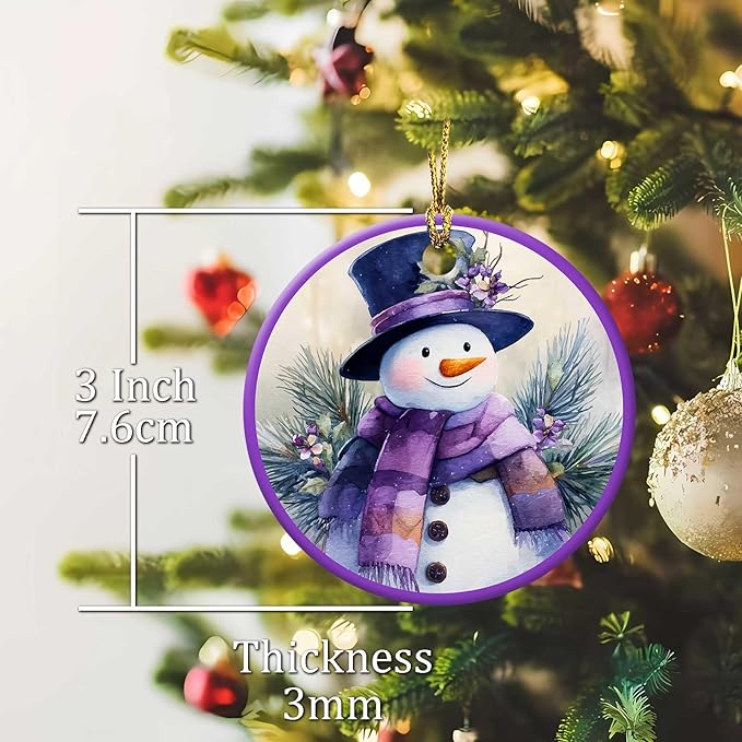Snow Gentleman Ornaments Winter Holiday Round Ceramic Purple Hanging Ornament Christmas Keepsake Decor for Xmas Tree Winter Holiday Xmas Gift for Women Men 3"