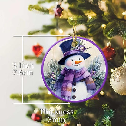 Snow Gentleman Ornaments Winter Holiday Round Ceramic Purple Hanging Ornament Christmas Keepsake Decor for Xmas Tree Winter Holiday Xmas Gift for Women Men 3"