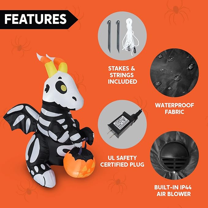 Joiedomi 5 FT Tall Halloween Inflatables Outdoor Decorations, Blow Ups Skeleton Halloween Decor Inflatable Skeleton Dragon with Build-in LEDs for Outside Yard Decorations