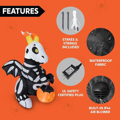 Joiedomi 5 FT Tall Halloween Inflatables Outdoor Decorations, Blow Ups Skeleton Halloween Decor Inflatable Skeleton Dragon with Build-in LEDs for Outside Yard Decorations