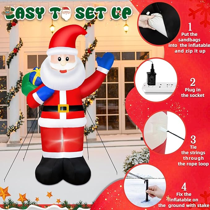 B&D 8FT Christmas Inflatables Santa Claus Outdoor Decorations, Christmas Blow Up Santa Yard Decorations Built-in LED Lights Inflatable Christmas Decorations for Holiday Xmas Party Garden Patio Lawn