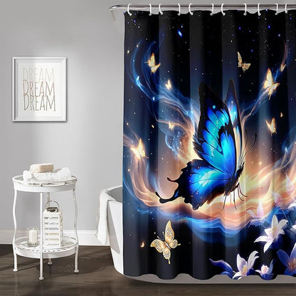 AILONEN Butterfly Shower Curtain,Blue Butterfly Bath Curtain for Girls Kids Women,Glowing Starry Flower Butterfly Decoration Bathroom Waterproof Curtain with 12 Plastic Hooks, 48" W*72" H